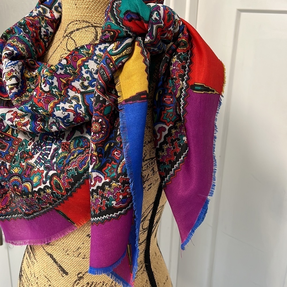 90’S COLORFUL SCARF WITH COLORBLOCK AND RAW HEM OUTER - Picture 5 of 14